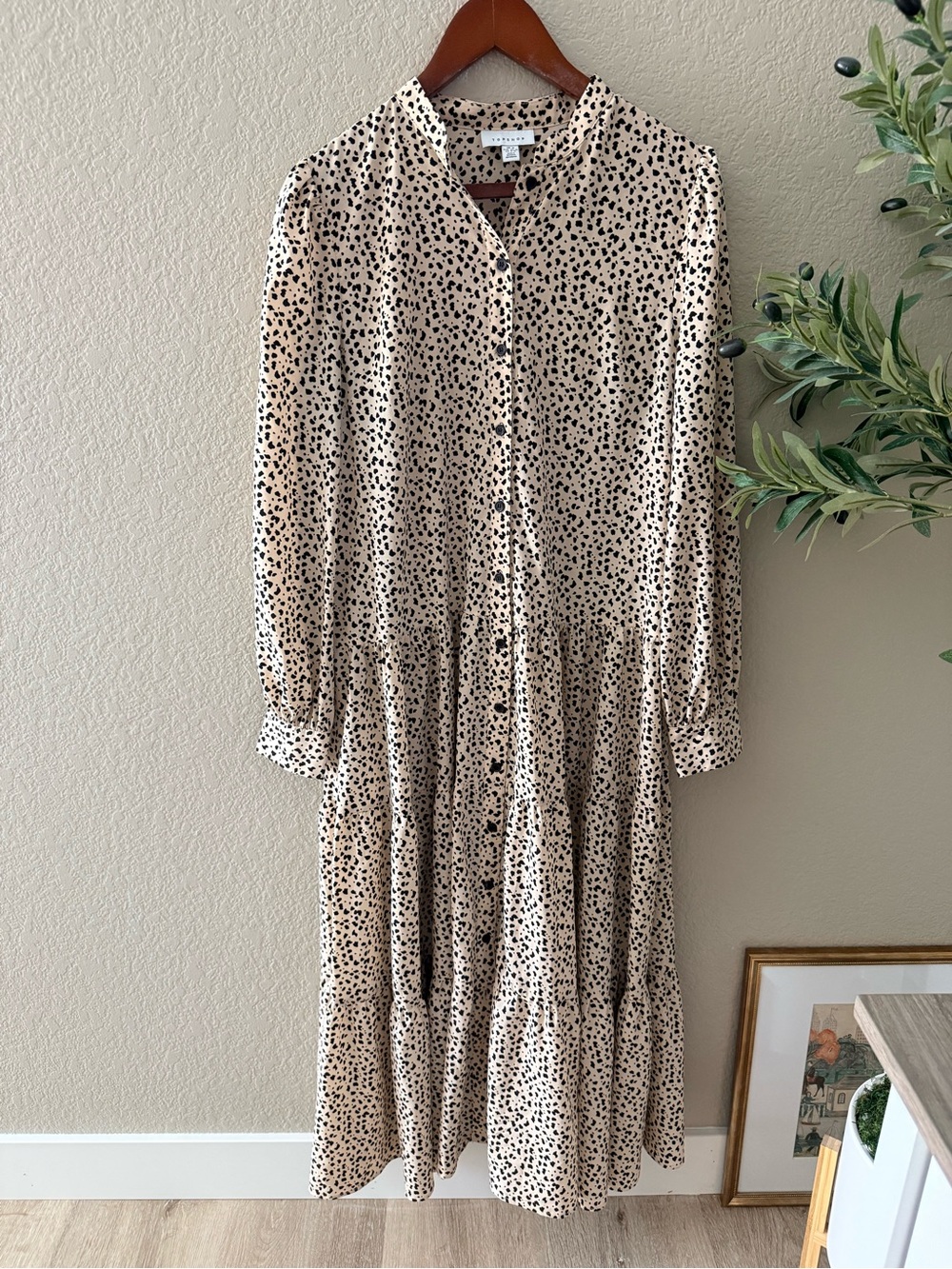 Topshop Beige Spotted Button-Front Tiered Midi Dress